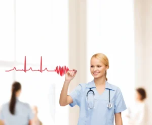 Healthcare worker drawing artistic heartbeat rhythm.