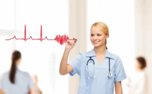 Healthcare worker drawing artistic heartbeat rhythm.
