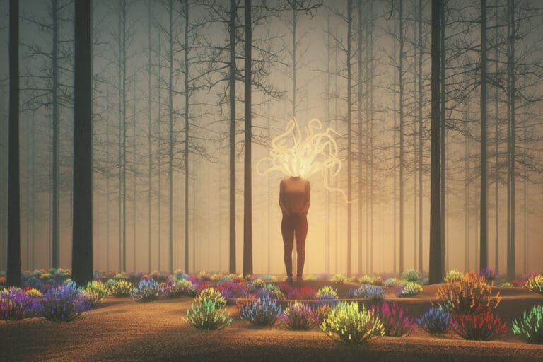 Artistic fantasy drawing of AI hallucinating in the forest at night.