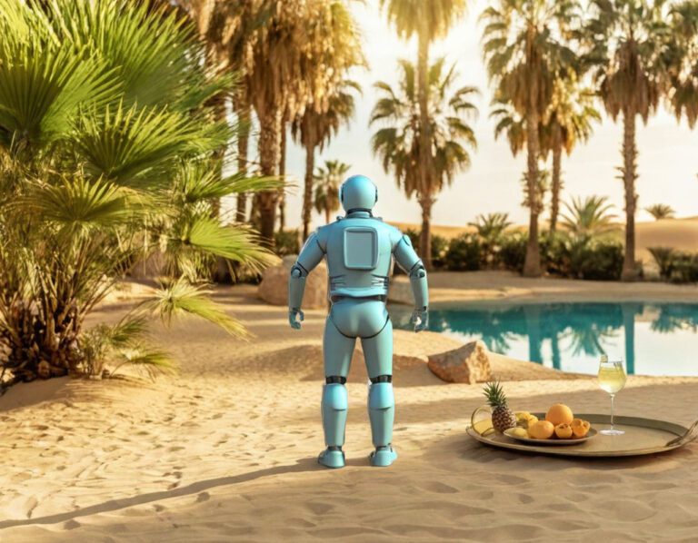 Robot standing in front of an oasis in the desert.