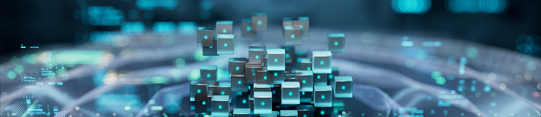 Digital bits in the shape of 3d cubes with dots in the middle