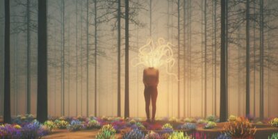 Artistic fantasy drawing of AI hallucinating in the forest at night.