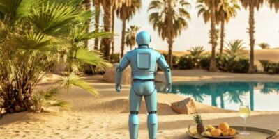 Robot standing in front of an oasis in the desert.